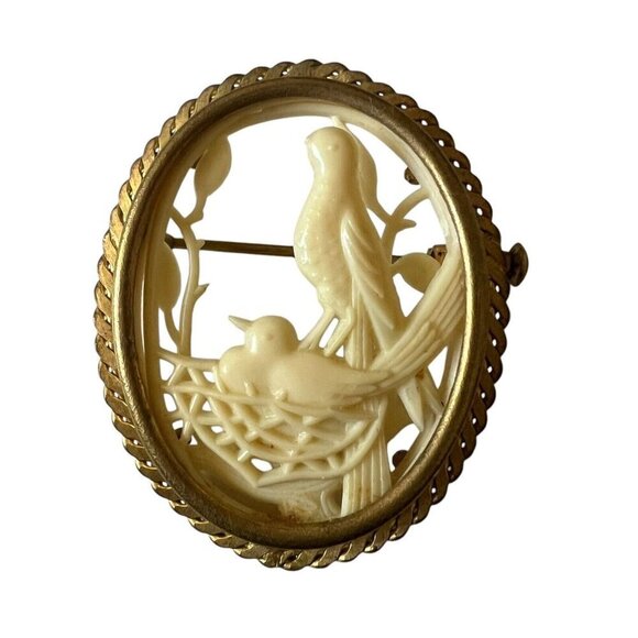 Depose France Bird Nest Celluloid Brooch Pin Gold Plated - Picture 1 of 6